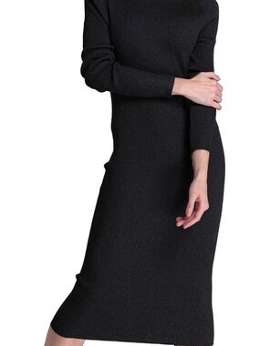 Classic Black Ribbed Midi Dress - Women
